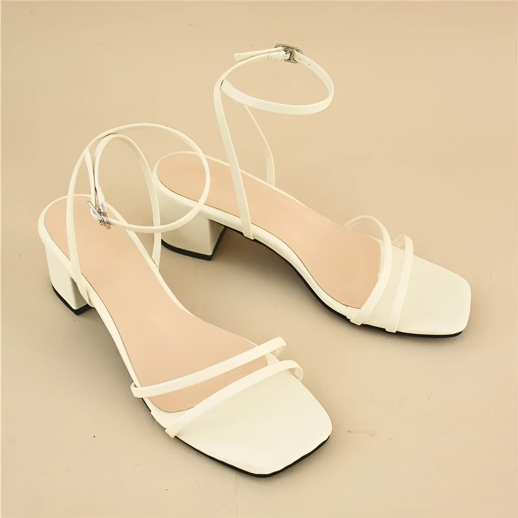 Beige women's square toe sandals with chunky stiletto heel and ankle buckle
