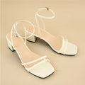 Beige women's square toe sandals with chunky stiletto heel and ankle buckle