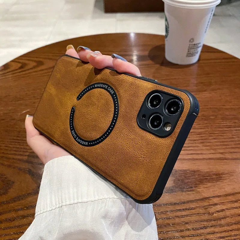 Black imitation leather magnetic charging case for iPhone on a magnetic car mount