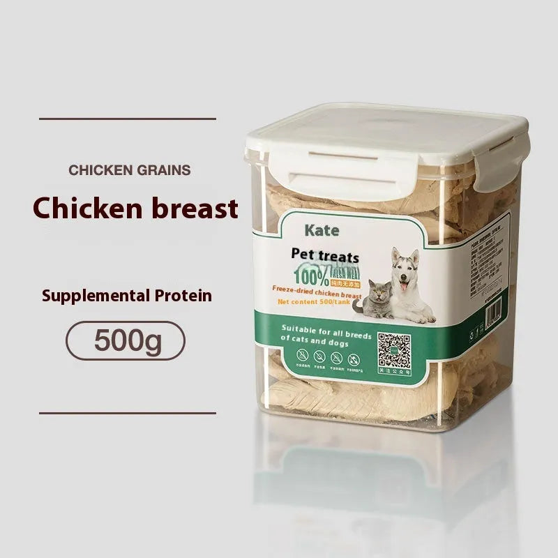 500g bag and barrel of freeze-dried chicken grain-free cat treats nuggets