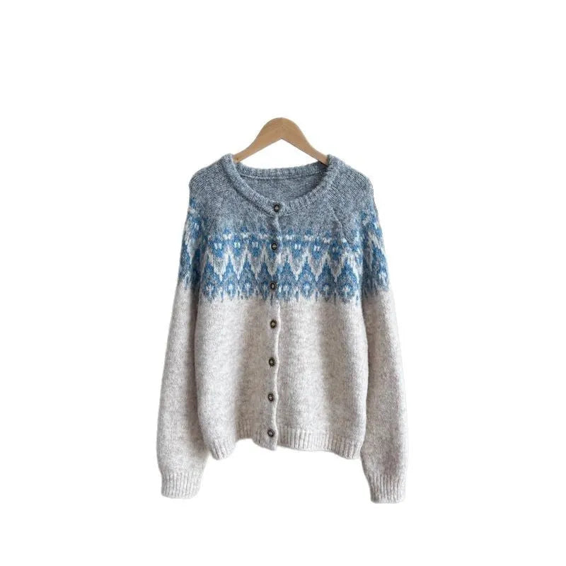 Women's loose fit jacquard knit sweater coat in contrast colours