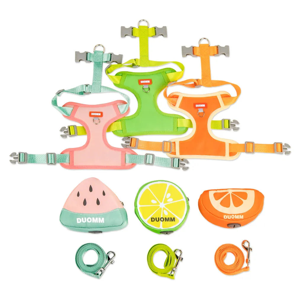 Pet backpack chest strap set with fruit design and anti-slip traction rope for dogs and cats