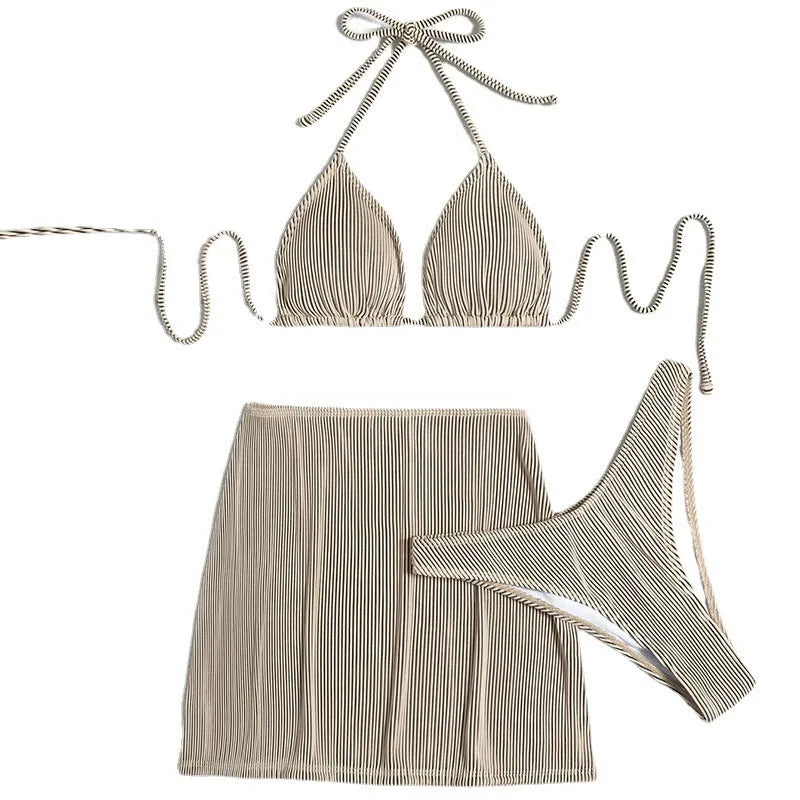 Three-piece polyester rib fabric bikini swimsuit in khaki, black and white, green, or emerald green