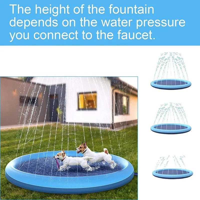 Dog playing on a large blue anti-slip splash pad mat in a garden, with water sprinklers active.