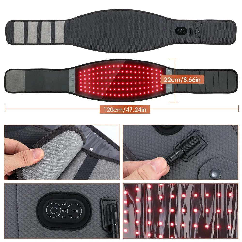 Grey neoprene electric waist therapy belt with red light panels and power cable.