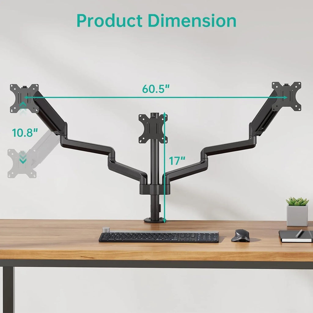 Black aluminium three-arm gas spring monitor mounting arm for 13-27 inch screens.