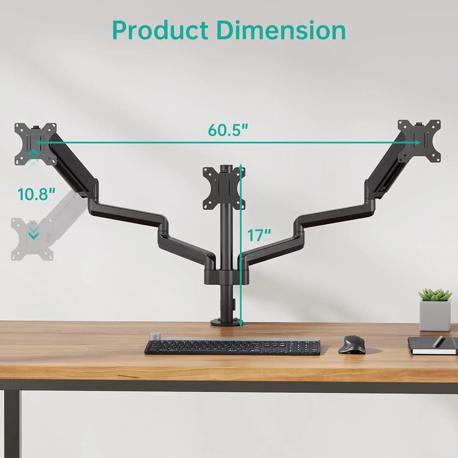 Black aluminium three-arm gas spring monitor mounting arm for 13-27 inch screens.