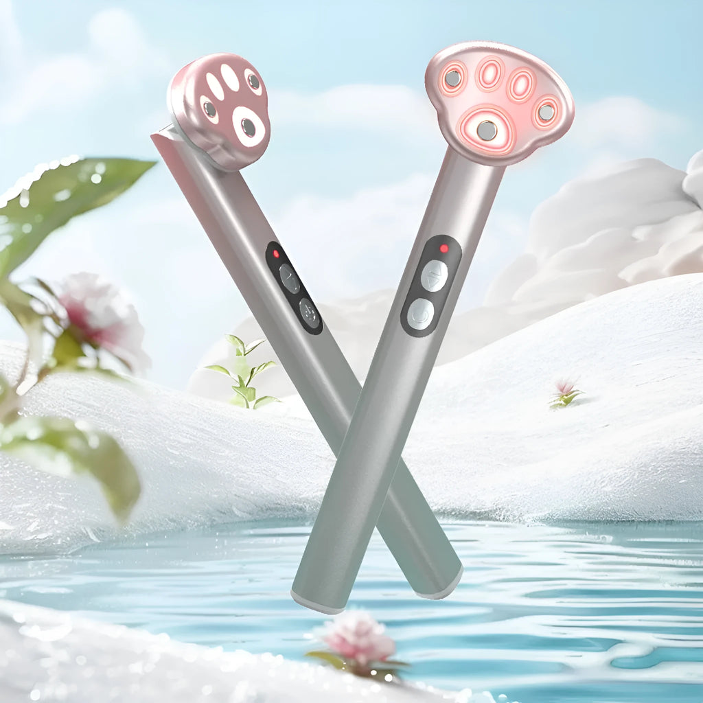 Gradient pink cat's paw shaped eye massager with micro-current vibration and light therapy functions