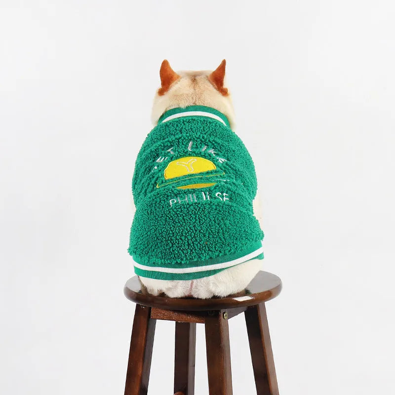 Green dog winter jacket with fleece lining shown in sizes L to 4XL