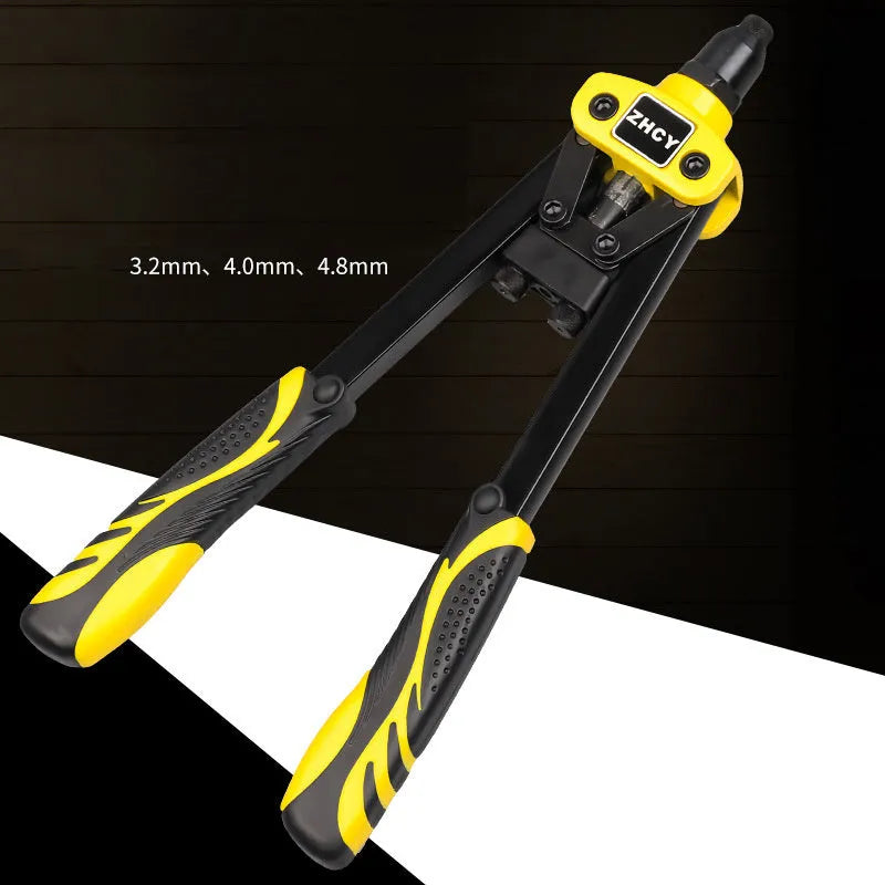 Yellow 13-inch manual rivet gun with three built-in tips for 3.2mm, 4.0mm and 4.8mm rivets