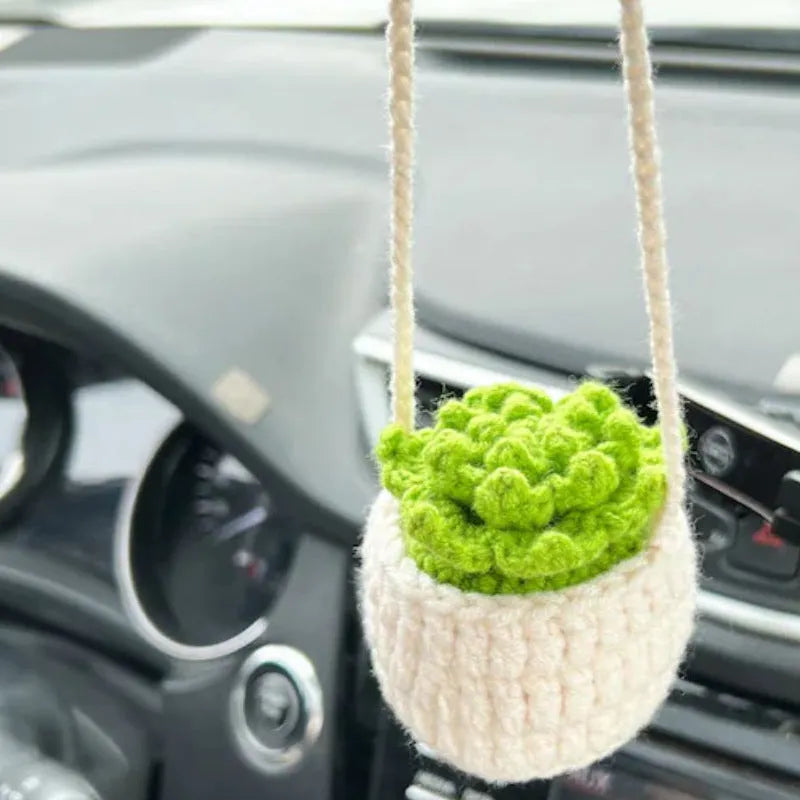 Green and white knitted car plant ornament with 8cm basin base and hanging rope for vehicle interiors