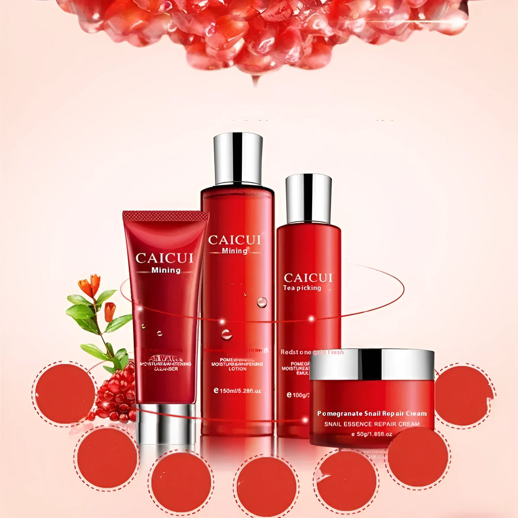Pomegranate skincare set with four products: cleanser, toner, lotion and facial cream