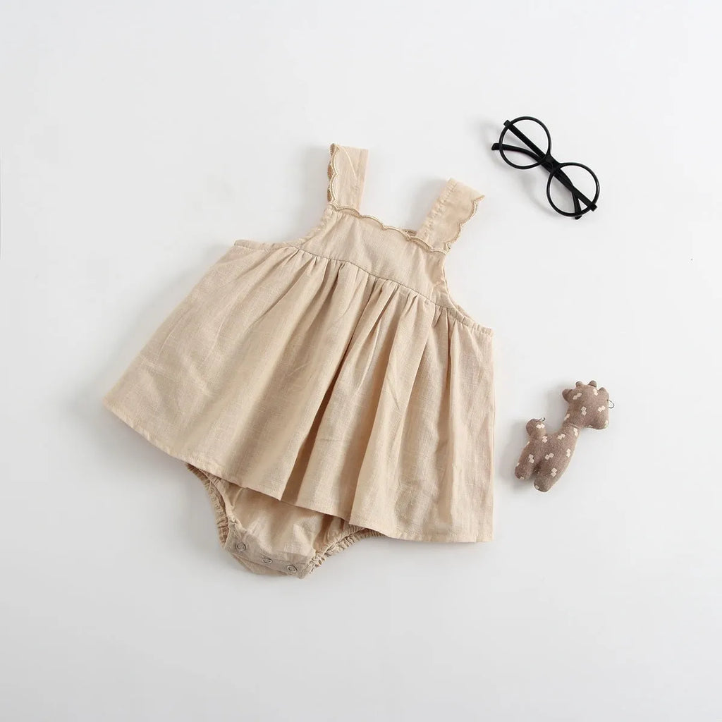 Baby romper princess dress jumpsuit with suspenders in white cotton for summer, suitable for 66cm to 100cm height