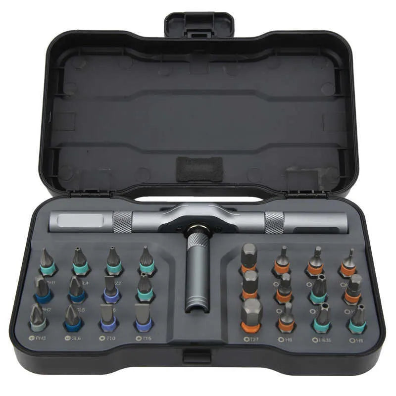 24 in 1 ratchet screwdriver set with S2 alloy steel bits and black handle on white background