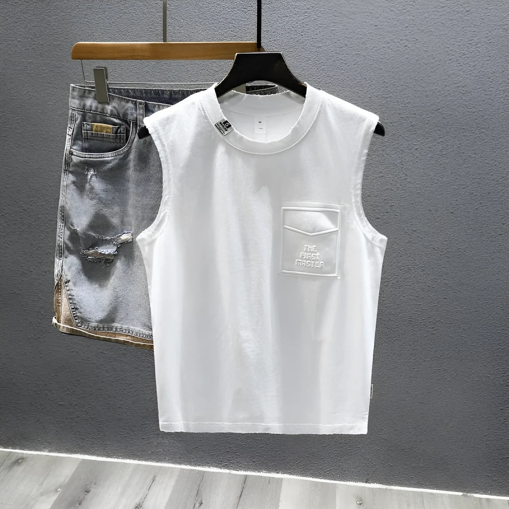 Women's solid black cotton sleeveless t-shirt with a loose fit and straight hem.