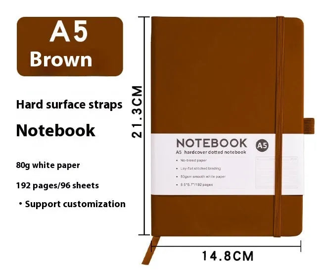 A5 and A6 size notebooks with soft skin-feel PU leather covers and a strap, shown in various colours next to open pages with horizontal ruled lines.
