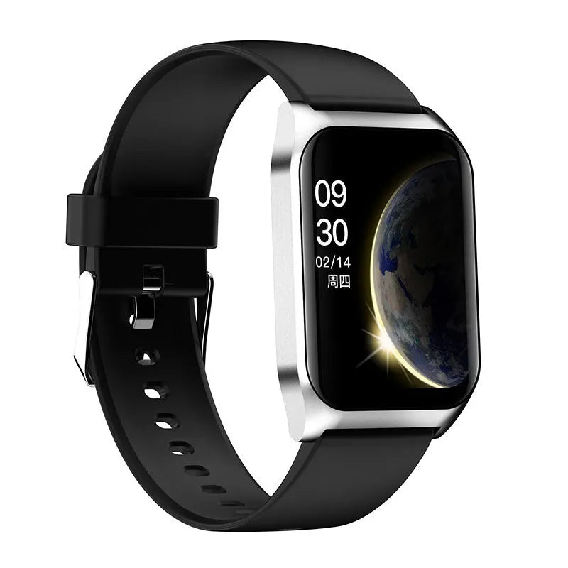 Black smart watch with heart rate monitor on a silicone strap, showing a 1.69-inch colour touchscreen display.