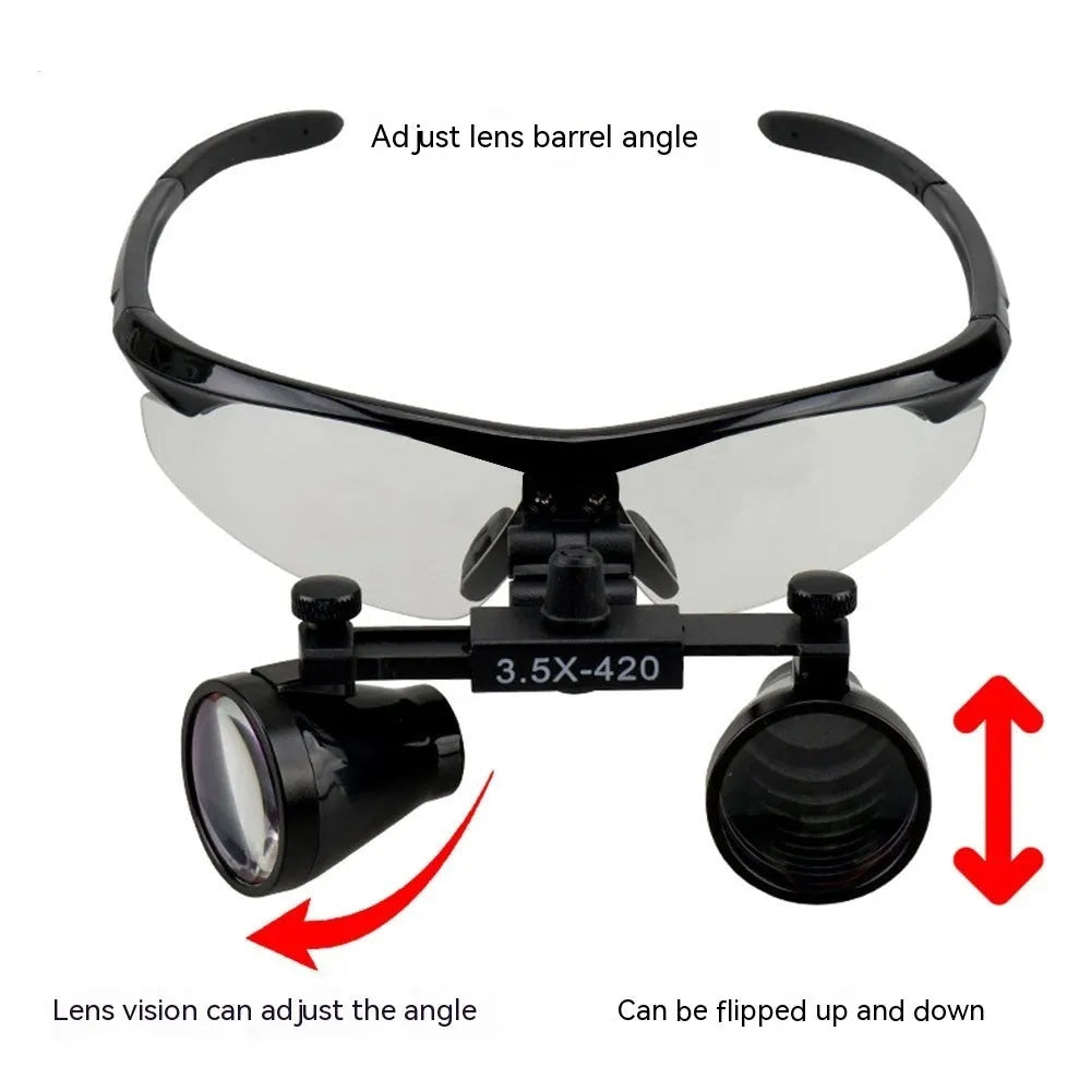 Black head-mounted dental magnifying glasses with large lenses and a separate LED headlight attached to the frame.