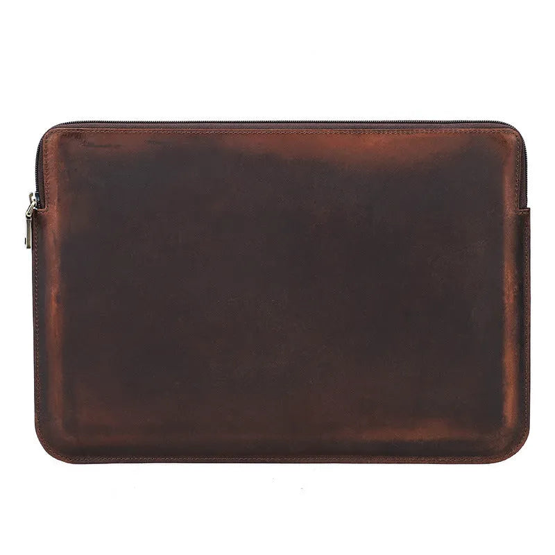 Retro brown crazy horse leather zipper computer bag for MacBook Pro 15.4 and 16 inch