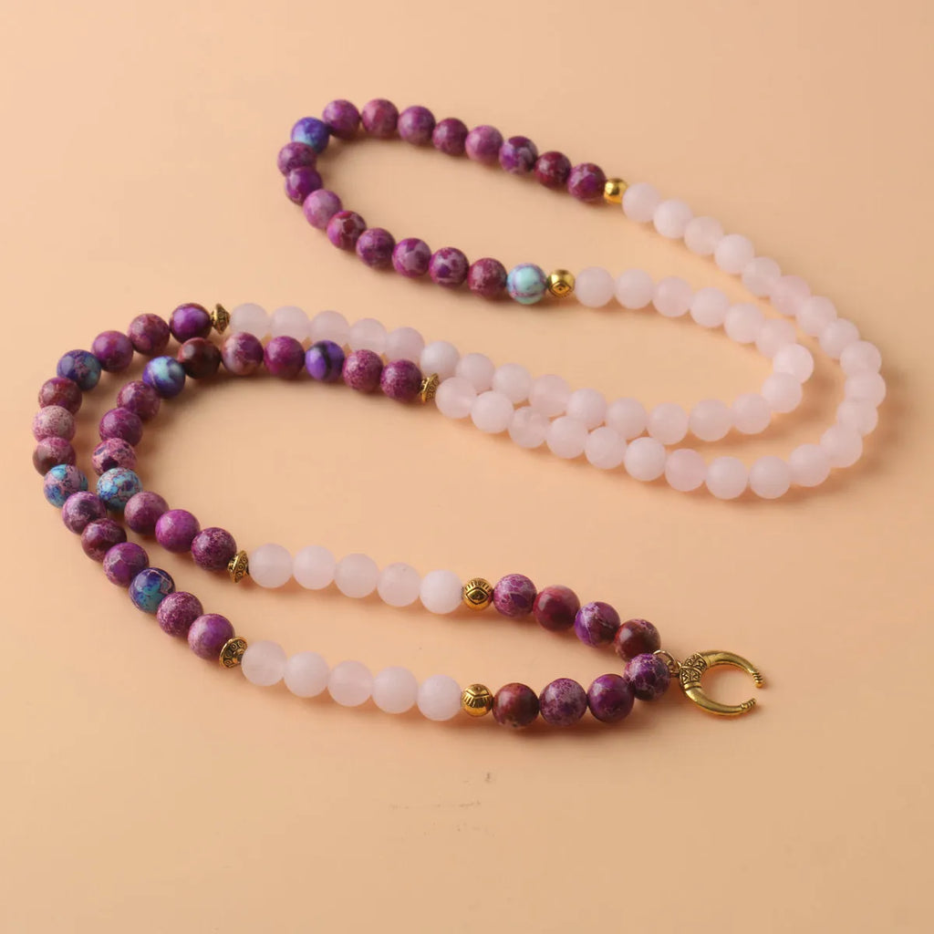 Women's personalised necklace with Emperor Stone pendant and round pink crystal beads