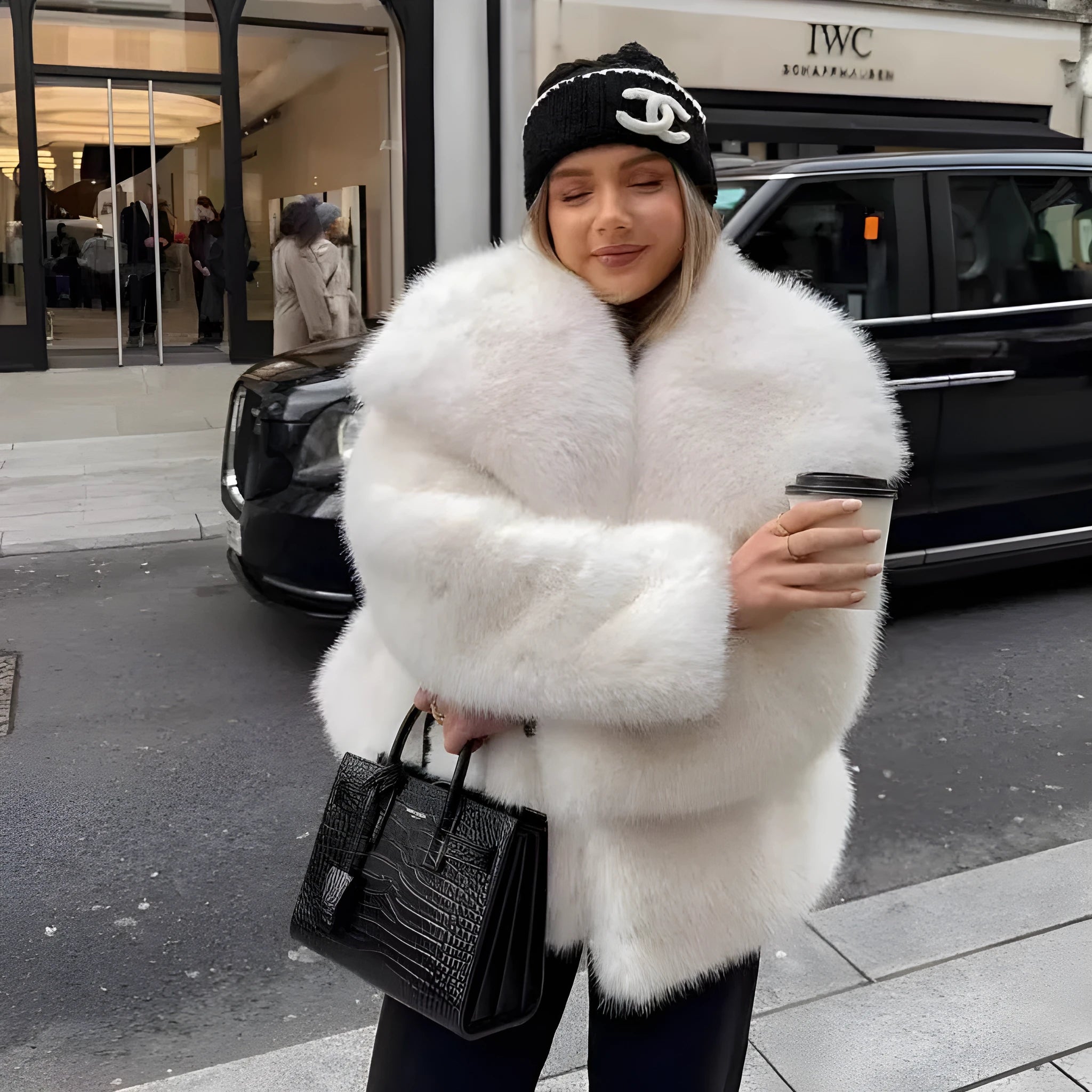 Women's artificial fur coat with large lapel, fluffy texture, side pockets, in high quality black or white