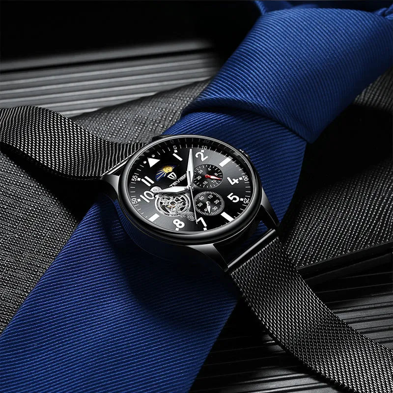 Men's black mechanical watch with moon phase dial and luminous hands on alloy case