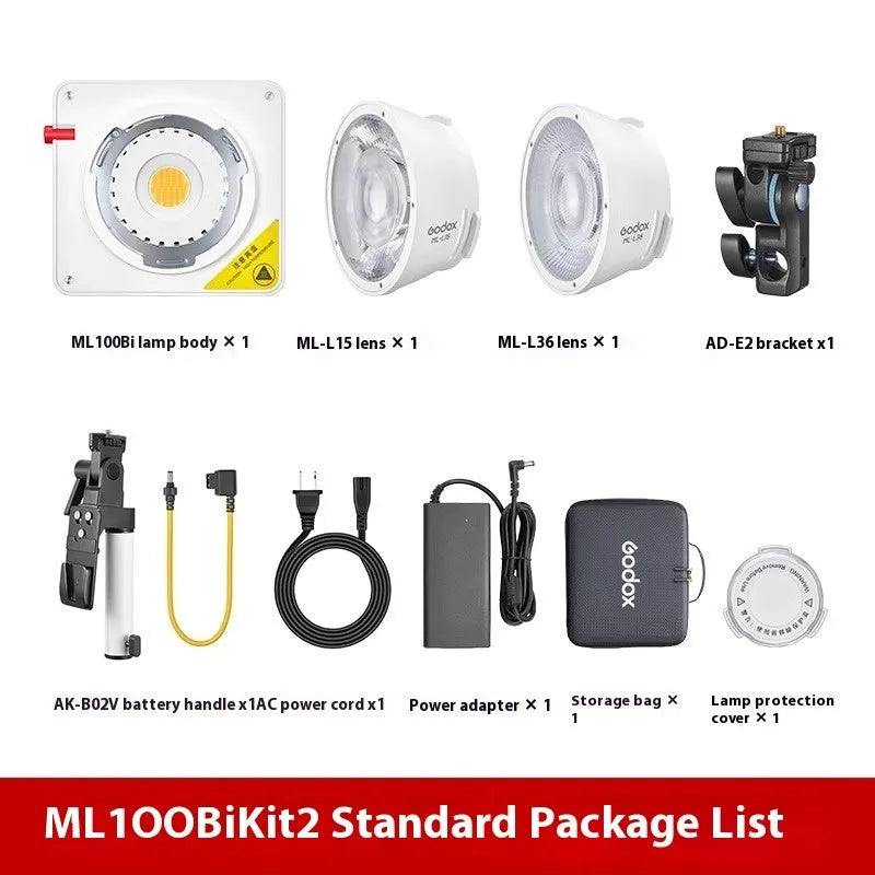 ML100Bi aluminium alloy photography LED fill light with lenses and battery handle on a stand.
