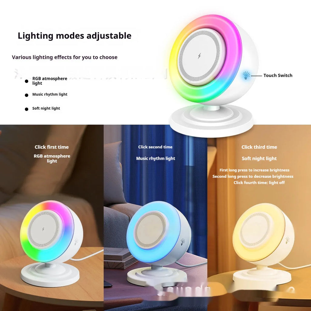 Three-in-one wireless charger with Bluetooth speaker and coloured lights in white finish on a desk
