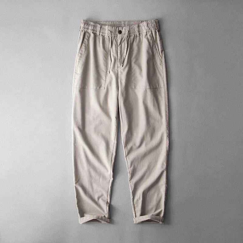 Men's linen casual trousers in solid colours with mid waist design for leisure wear