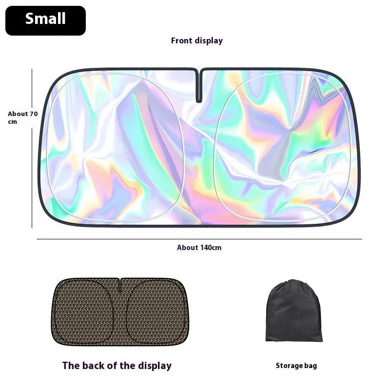 Laser titanium silver car sunshade for front windscreen, aluminium foil construction with storage bag