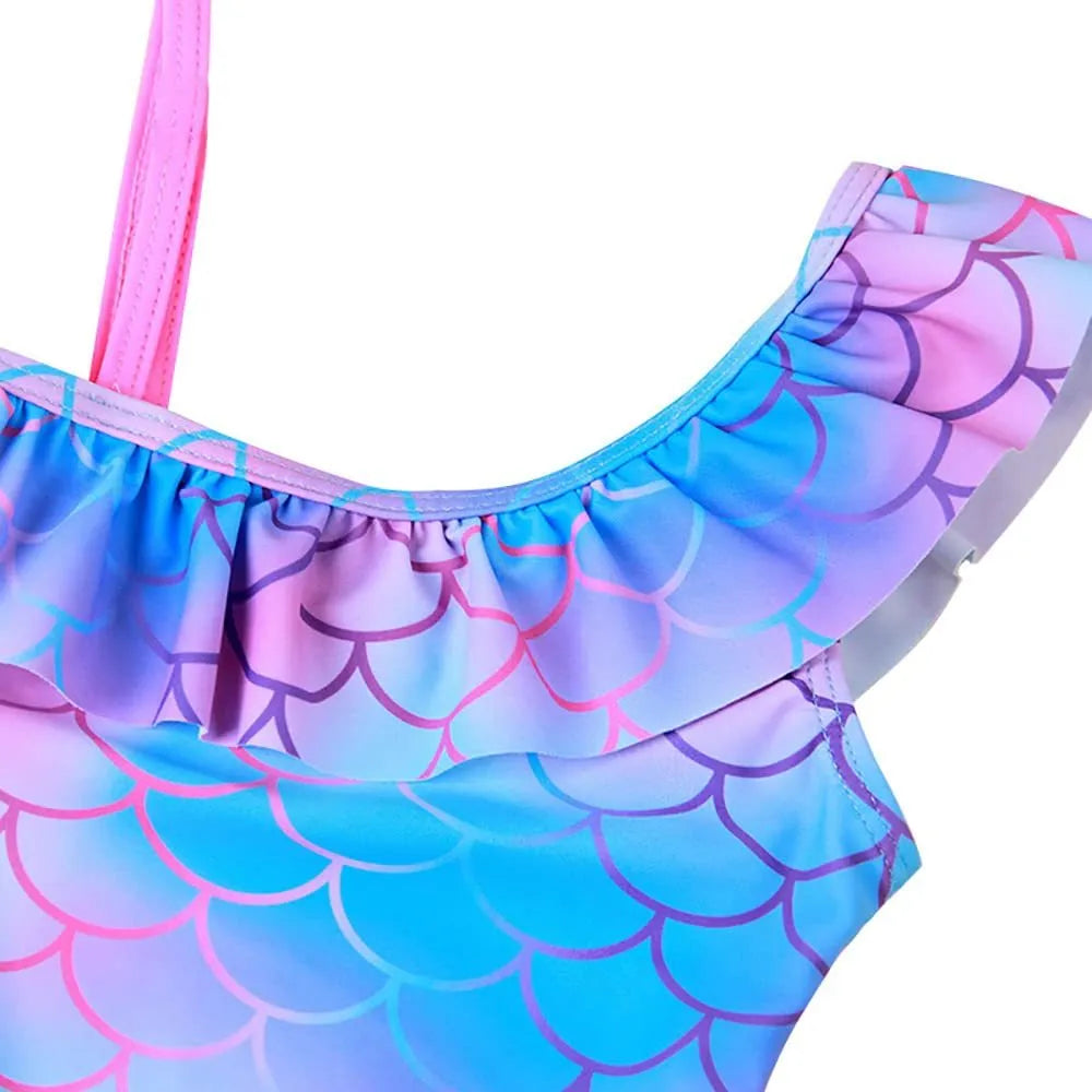 Girls' scale printed flounced gradient one-piece nylon swimsuit in Pattern 3, sizes 90-130