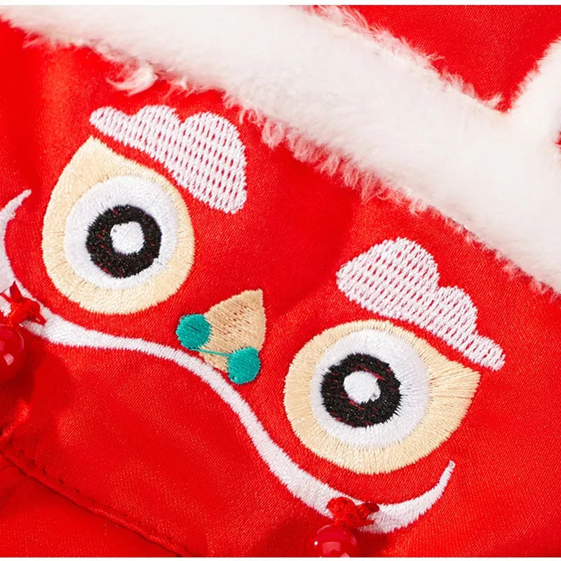 Red Lion Dance pet Tang suit with embroidery for dogs and cats, cotton-padded, sizes S to XXL