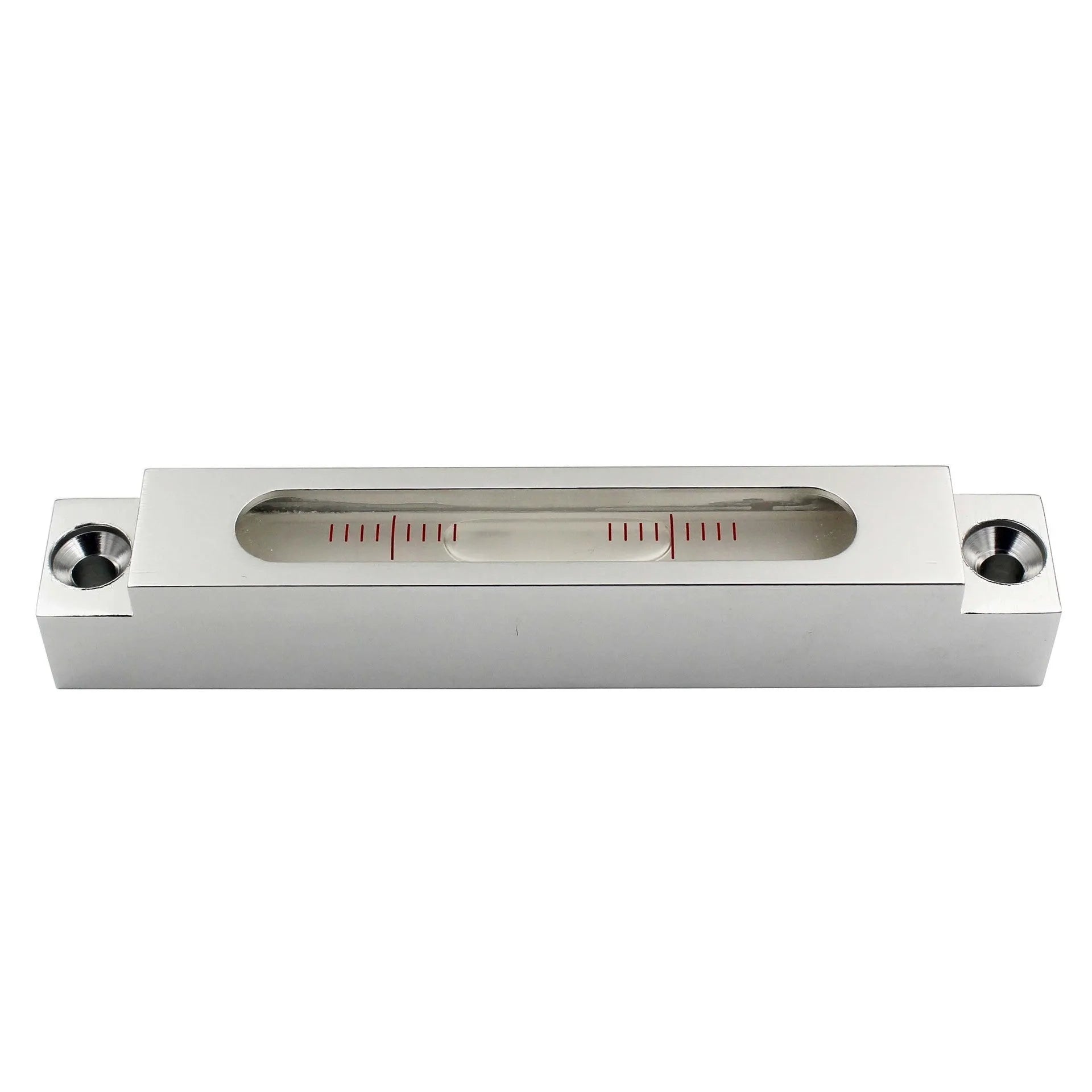 Compact metal and glass spirit level measuring 132mm with visible bubble vial containing 500 bubbles