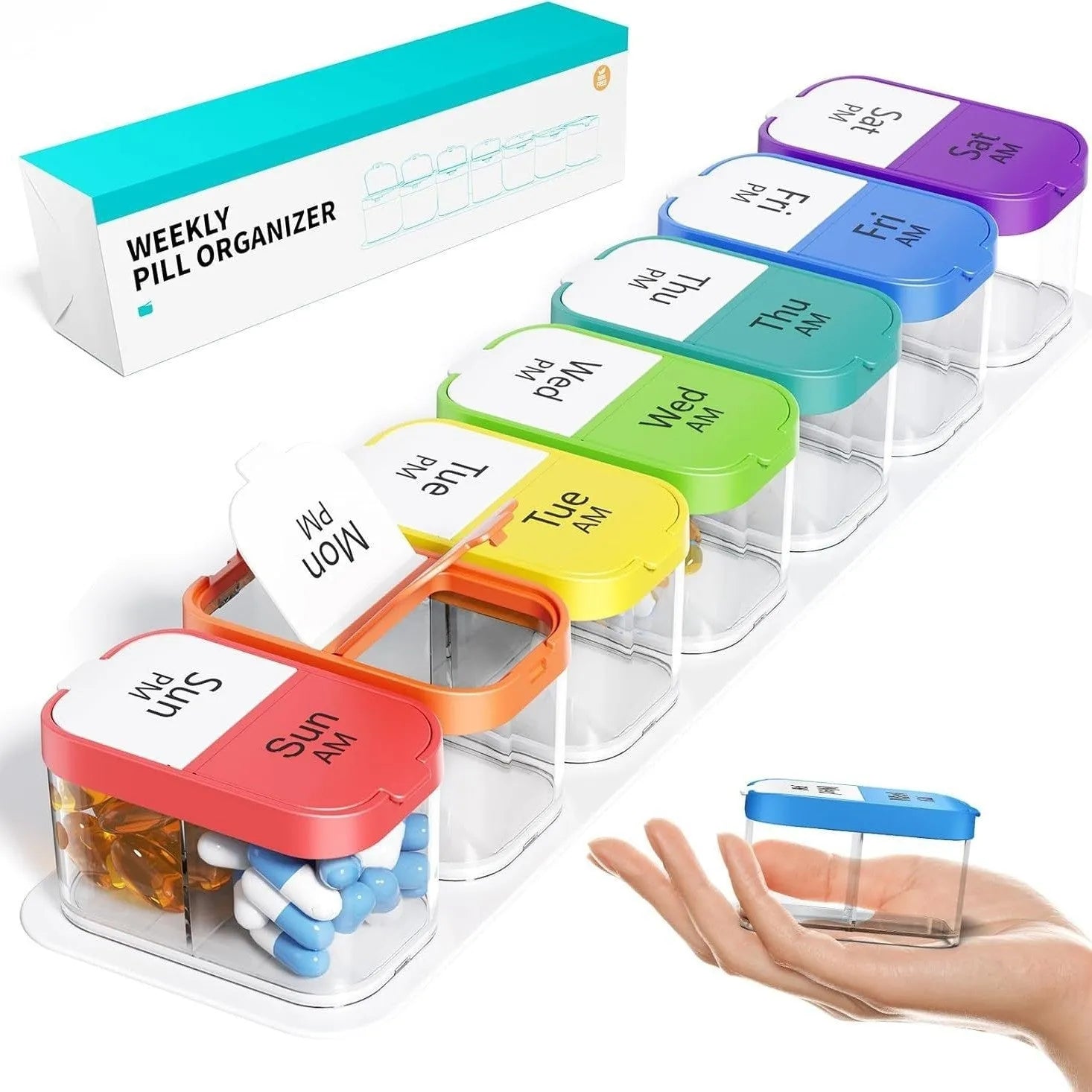 White and rainbow coloured portable pill box with 14 detachable compartments for medicine storage.