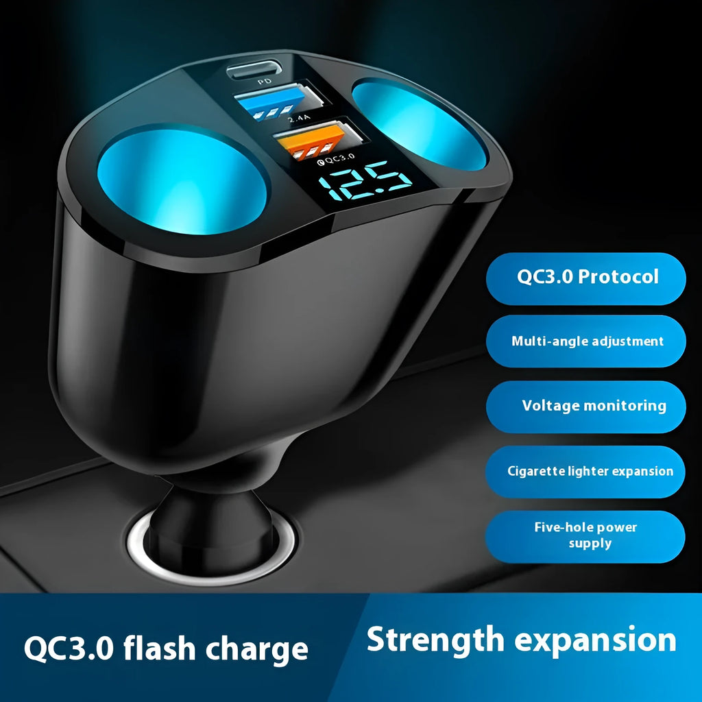 Qc30 dual USB car charger with digital display, aluminium alloy body, 360-degree rotating head