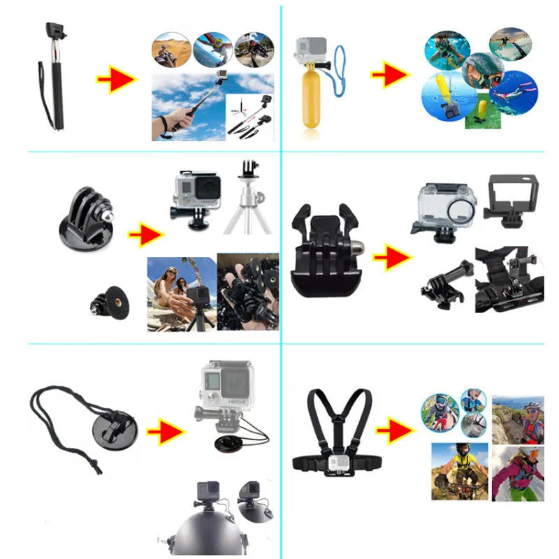 Black sports camera accessories set with storage bag, helmet mount, chest strap, selfie stick, and tripod