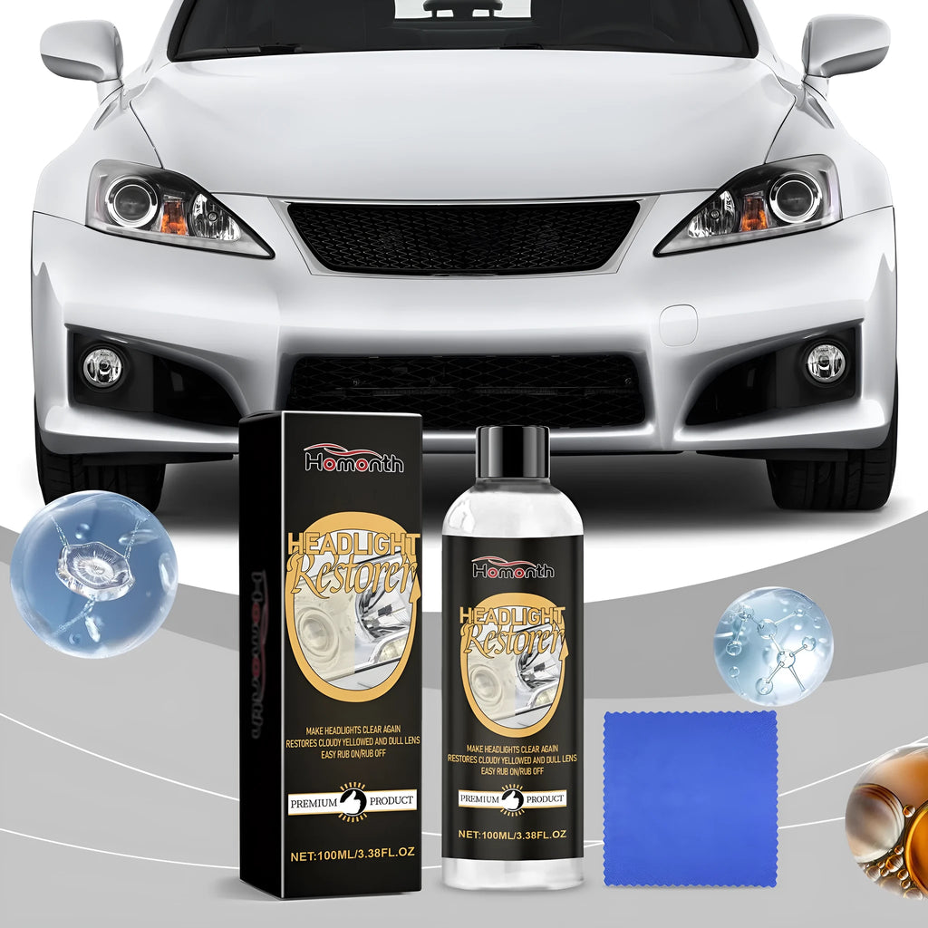 Car headlight repair polishing suit with 100ml care solution bottle and microfibre towel on a work surface