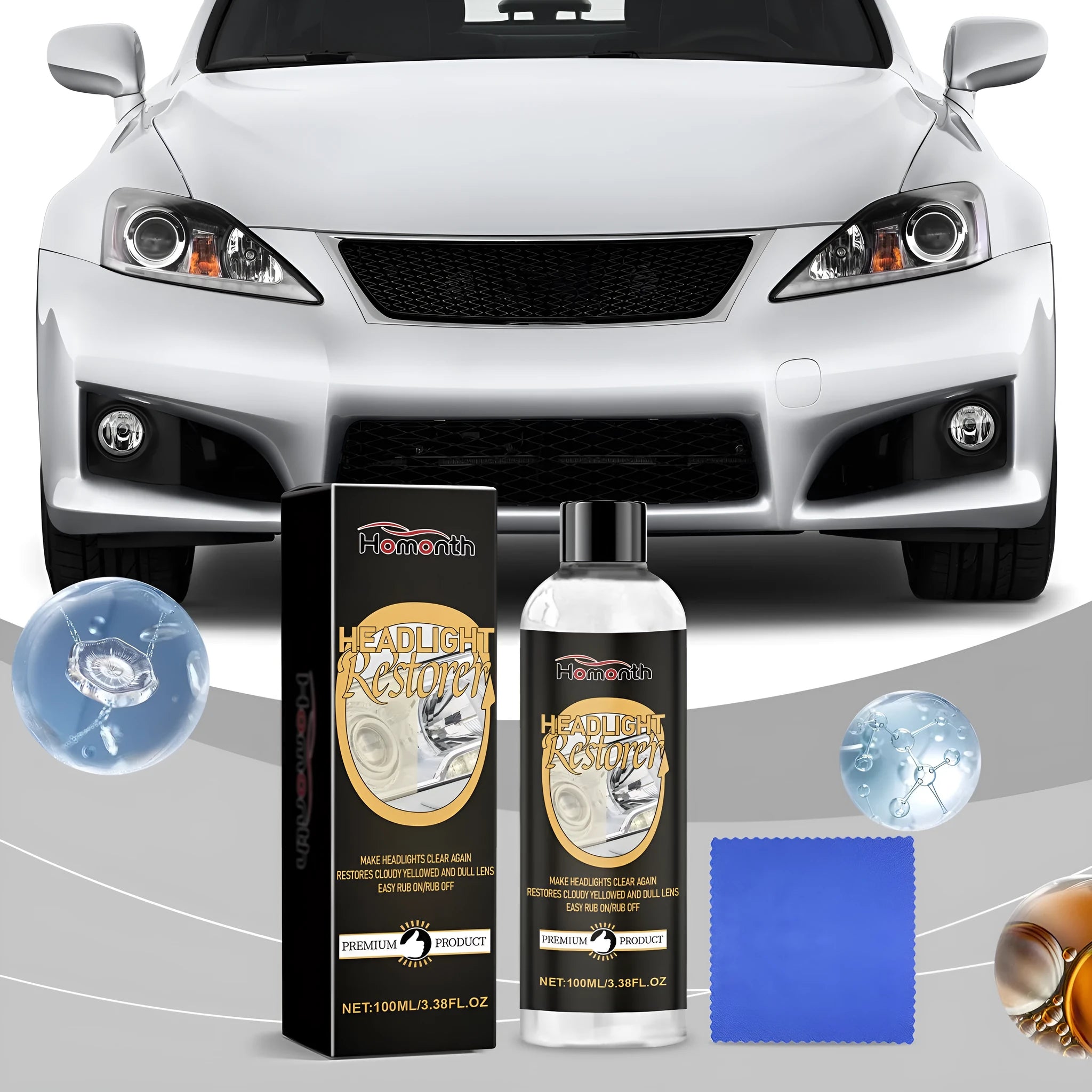 Car headlight repair polishing suit with 100ml care solution bottle and microfibre towel on a work surface