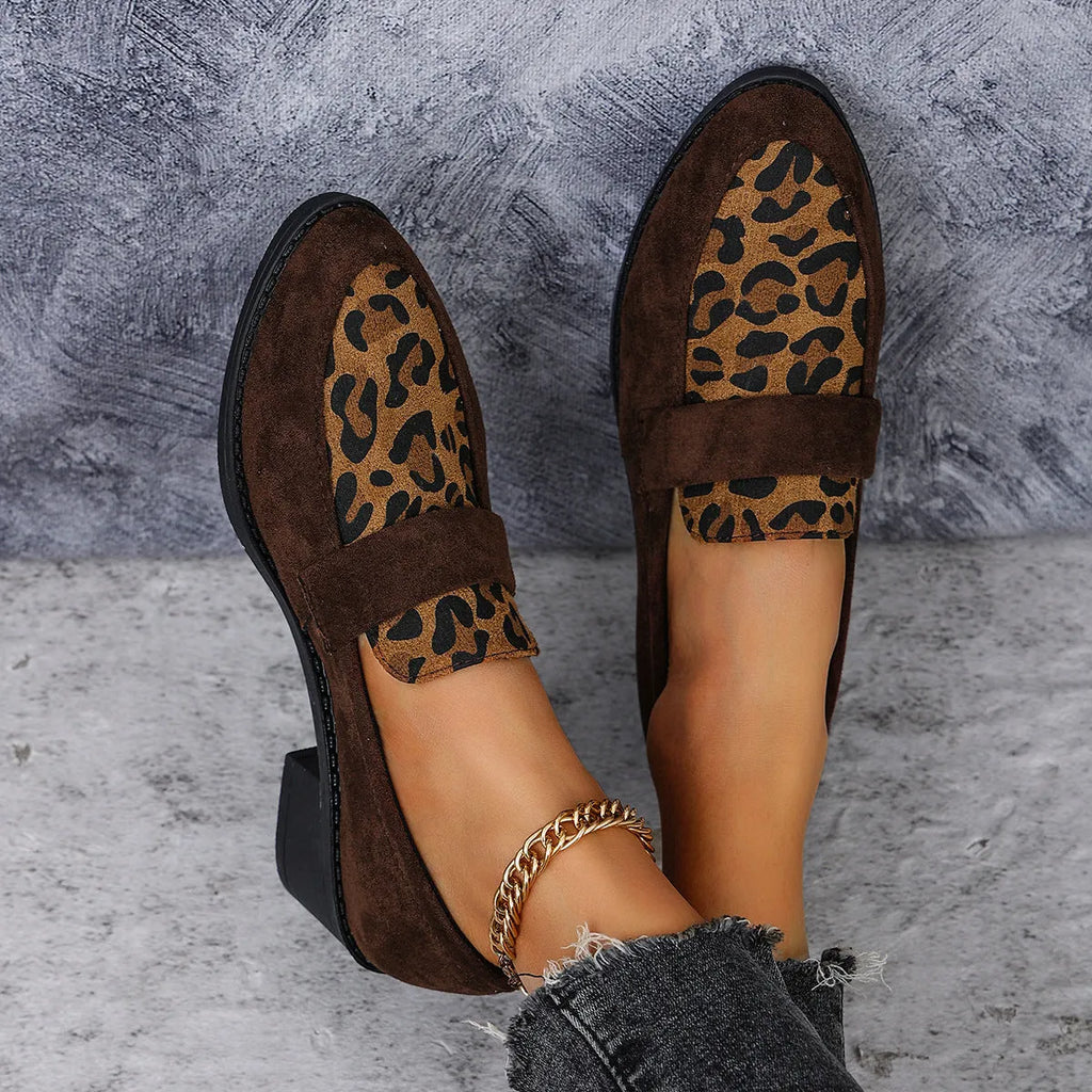 Leopard print suede slip-on shoes with pointed toe and chunky rubber sole in brown
