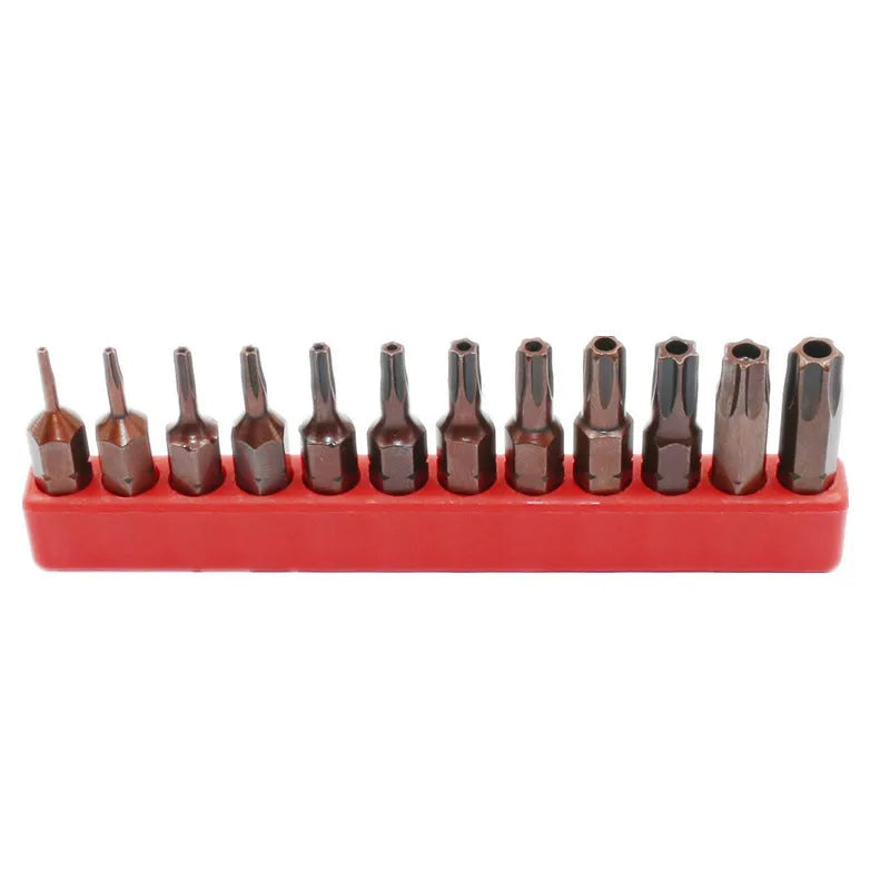 Black steel hex screwdriver bit set with sizes from T6 to T40 and magnetic tips.