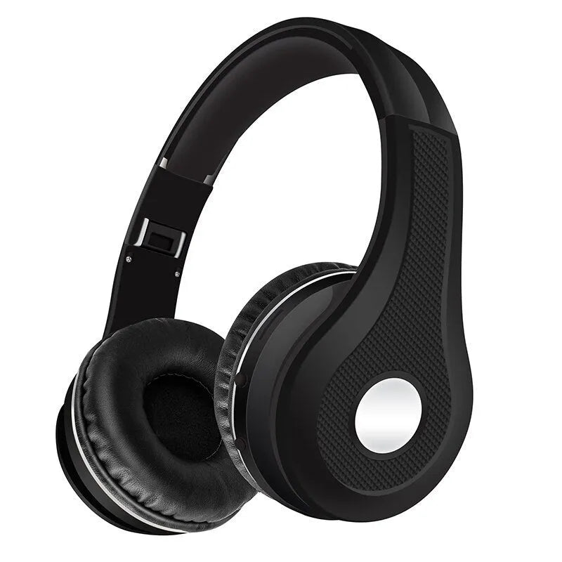 Metallic bluetooth headset in black, blue, gold, or red with head-mounted design and bilateral earpieces
