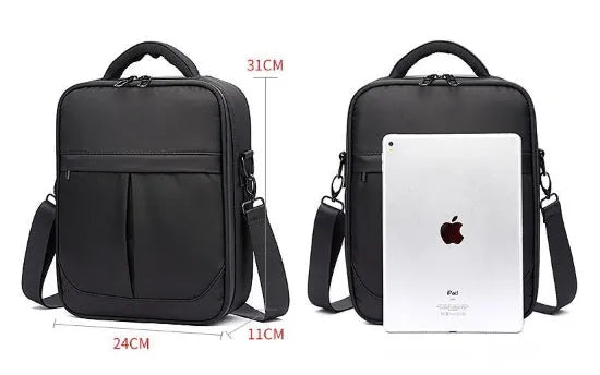 Black Oxford fabric men's messenger bag showing front and side profile