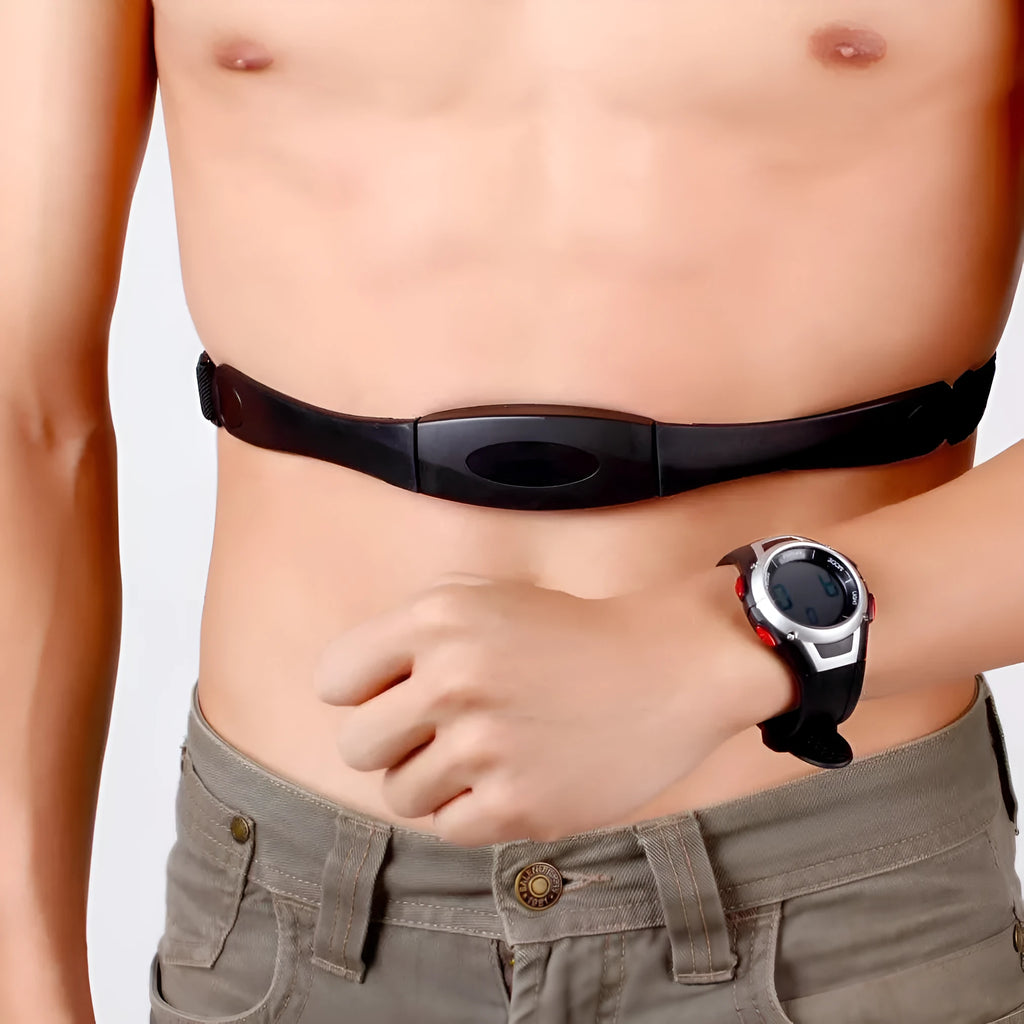 Black rubber and steel heart rate monitor watch with chest strap, 3m waterproof, round dial, backlight