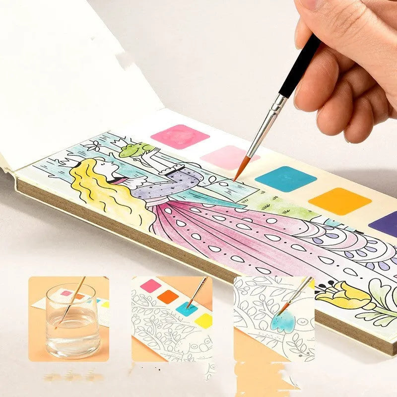 Children's gouache graffiti picture book with paintbrush, white card pages 187 x 78mm, colour box