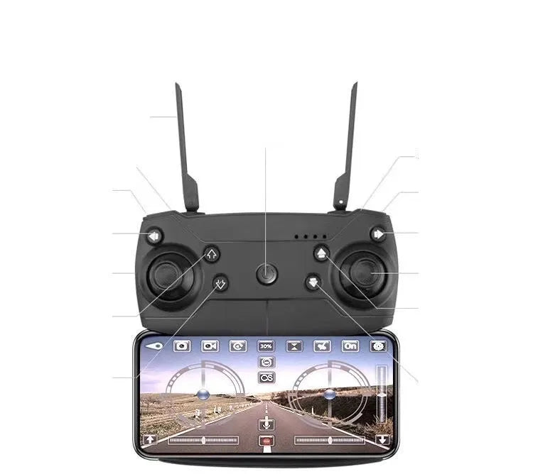 Folding plastic aerial drone with high-definition wide-angle camera, 26cm body, folded to 12cm, on a plain background