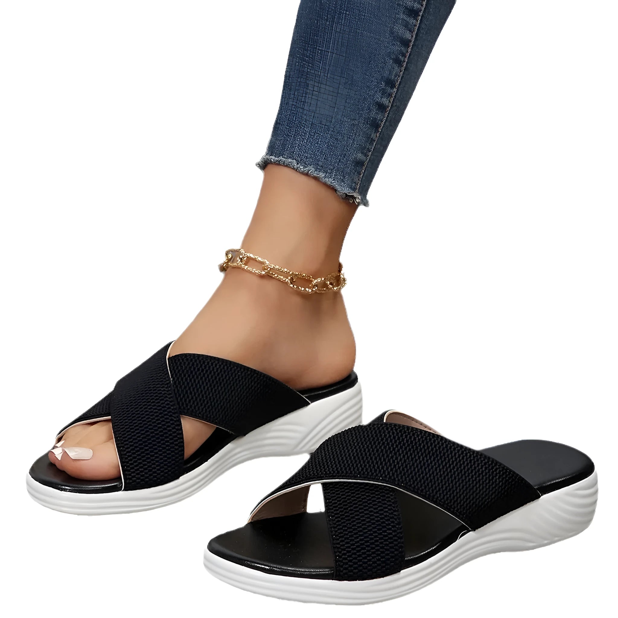 Women's black flat wedge peep-toe summer slippers with a cross-strap design on a rubber sole.
