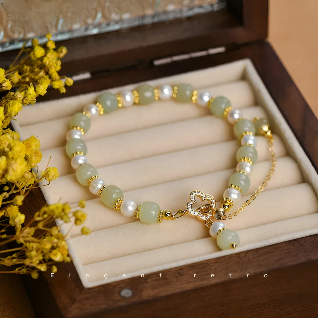 Natural Hetian jade pearl pendant women's bracelet with gold electroplated Chinese style design