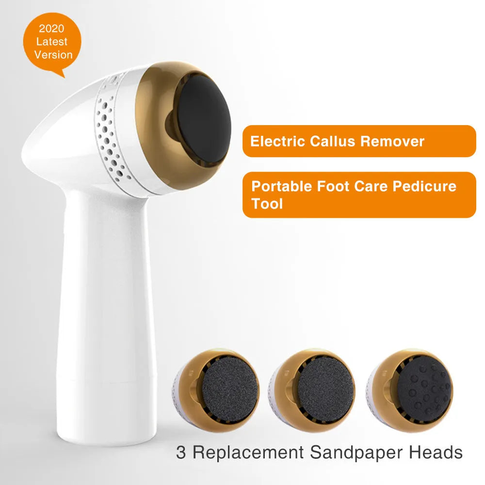 Electric foot grinder with refined quartz grinding head in gold, silver, and pink finish options.