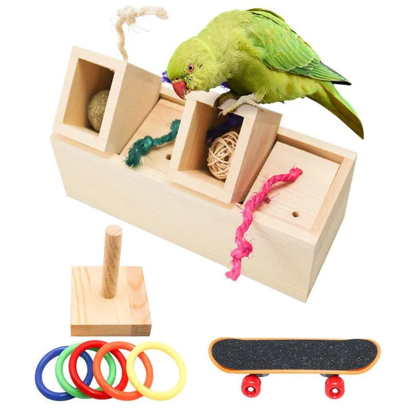 Wooden bird toy puzzle training set with three pieces on a light background