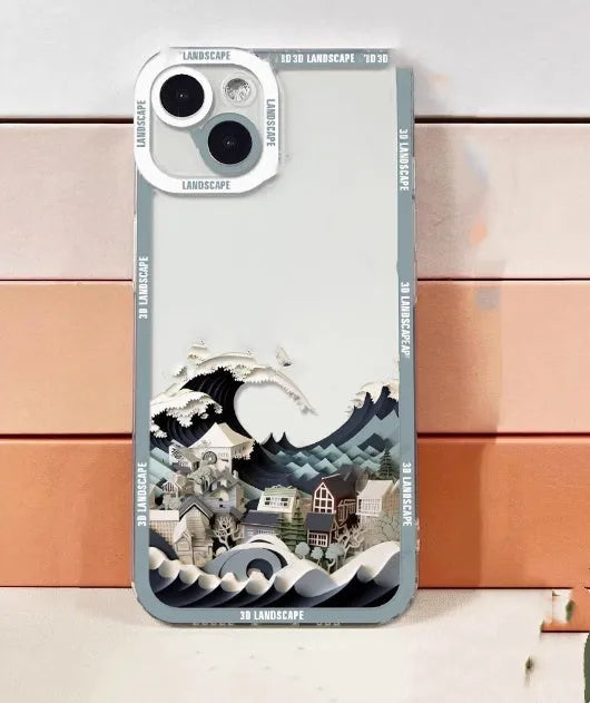 3D landscape silicone phone case in dark grey for iPhone